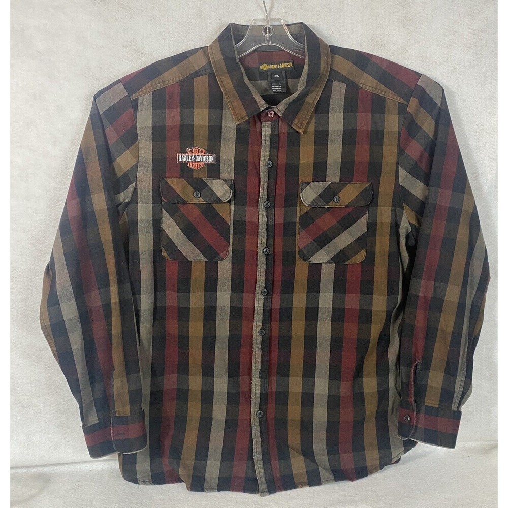 Harley-Davidson Men's Shirt Long Sleeve Shoulder Graphic Plaid 3XL Black Brown
